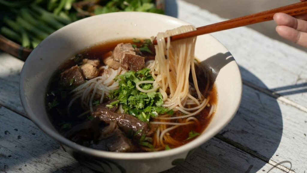 A bowl of Asian-style noodles with beef and herbs — illustrating Traverse City's diverse 2026 dining options.