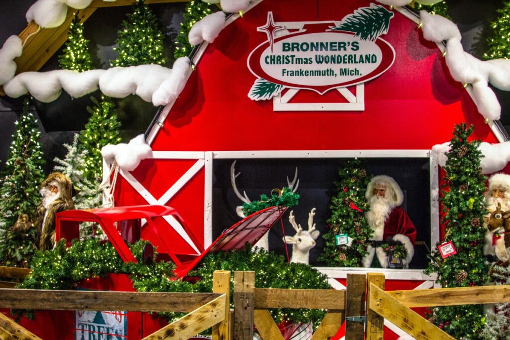 The exterior of Bronner's CHRISTmas Wonderland in Frankenmuth Michigan, the world's largest Christmas store, showing the massive building and outdoor displays.