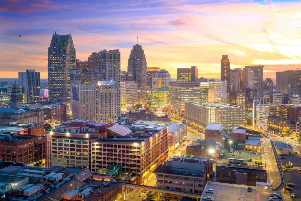 Downtown Detroit skyline at sunset in Michigan