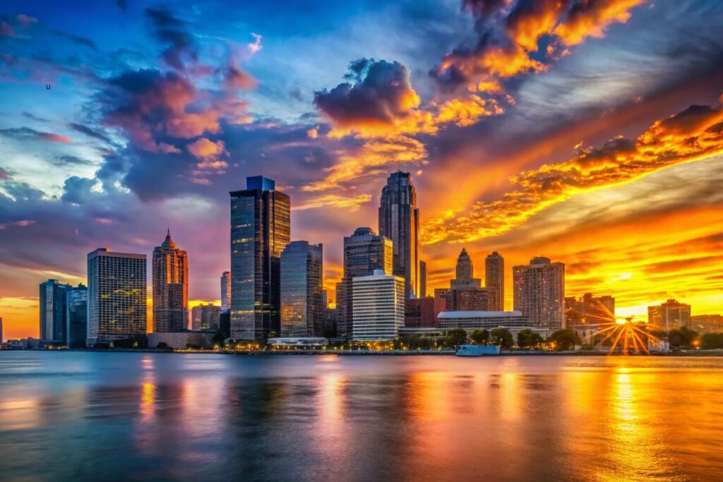 Downtown Detroit skyline at sunset along the riverfront
