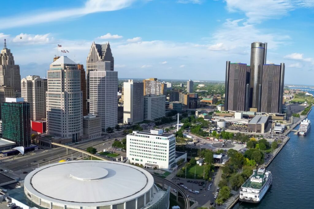 Aerial view of downtown Detroit skyline and Detroit River in Michigan