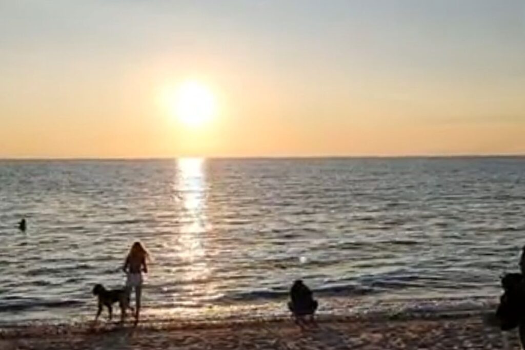 The sandy shoreline of Empire Beach Village Park on Lake Michigan with a clear view of the water and horizon.
