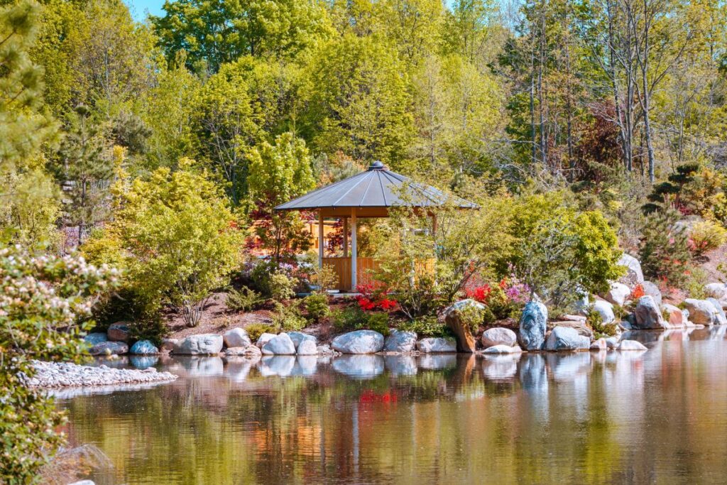 Gazebo and pond at Frederik Meijer Gardens in Grand Rapids, Michigan