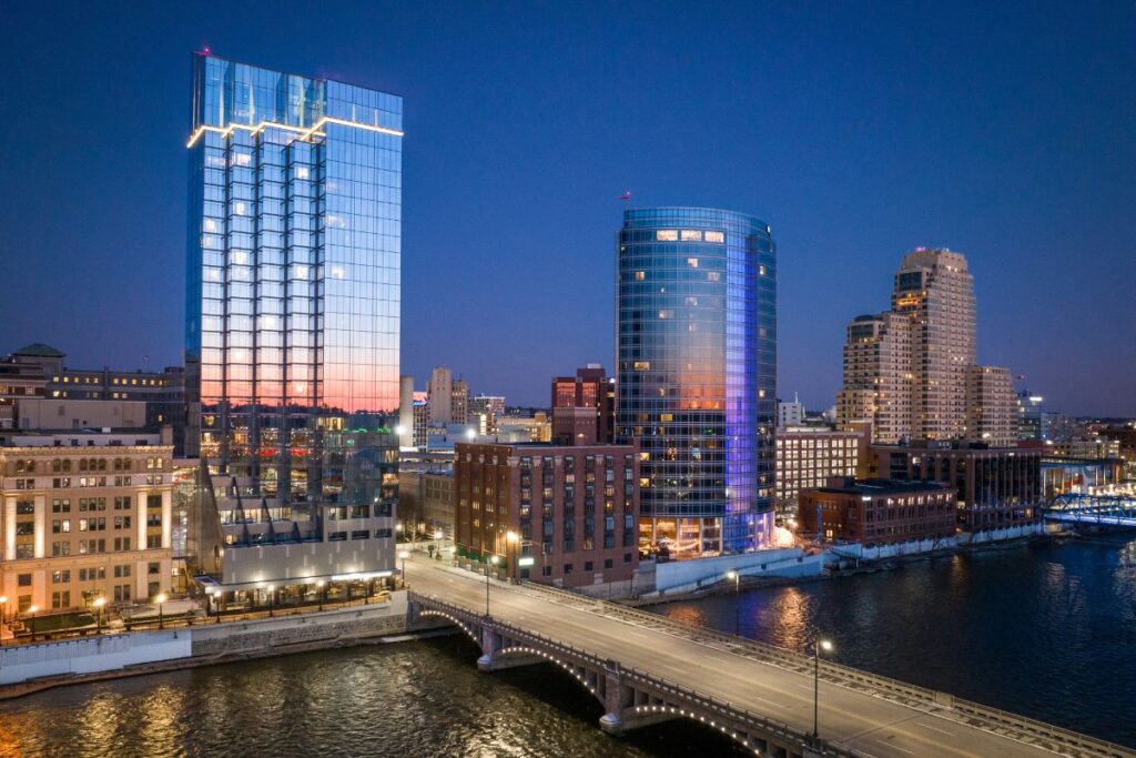 Downtown Grand Rapids, Michigan skyline at night along the Grand River