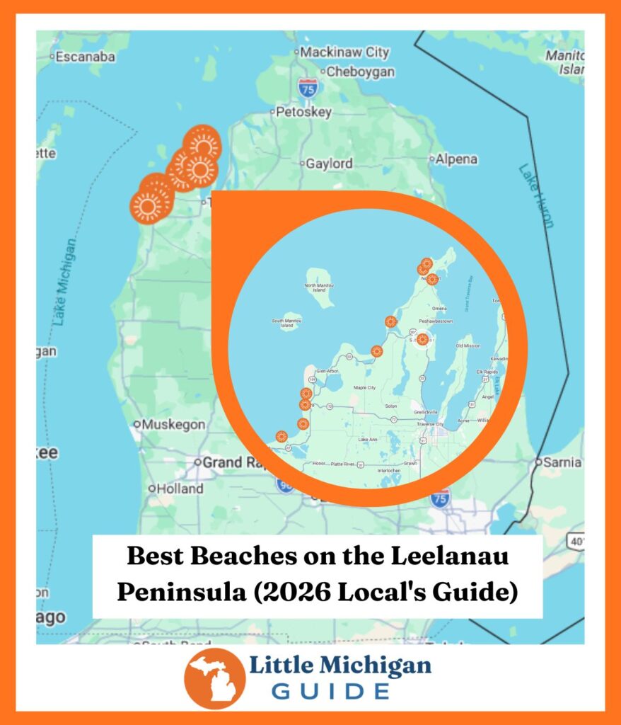 Map of the Leelanau Peninsula in Northern Michigan showing beach locations near Glen Arbor, Leland, and Northport.