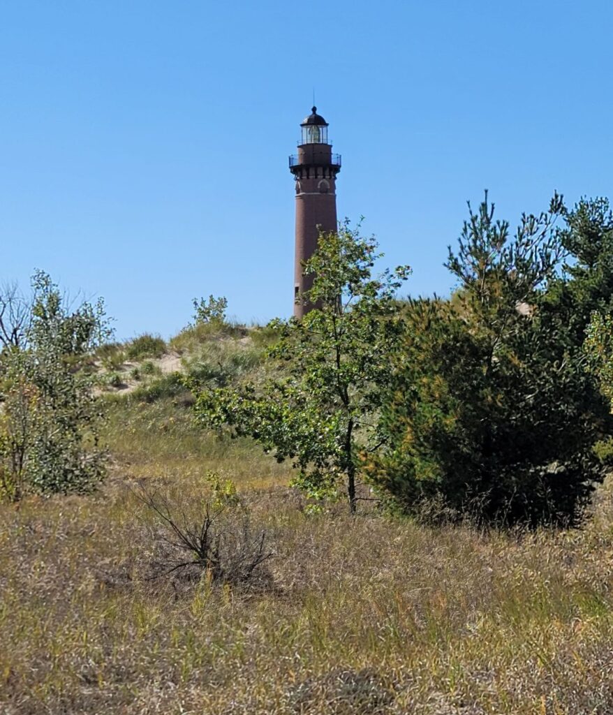 Little Sable Point Lighthouse rises above dune grass and pines at Silver Lake State Park on Lake Michigan.