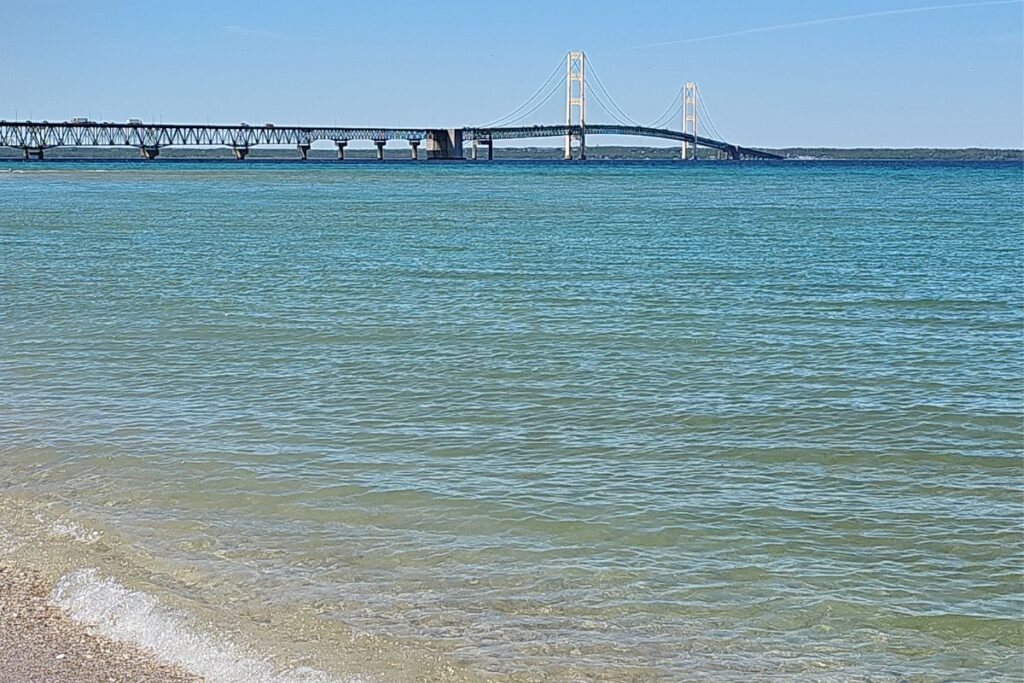 The Mackinac Bridge viewed from a Lake Michigan beach, the only road into Michigan's Upper Peninsula