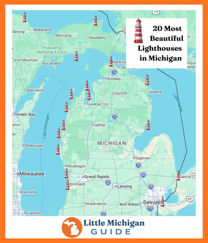Map of Michigan showing locations of 20 lighthouses across Lake Michigan, Lake Huron, and Lake Superior — Little Michigan Guide.