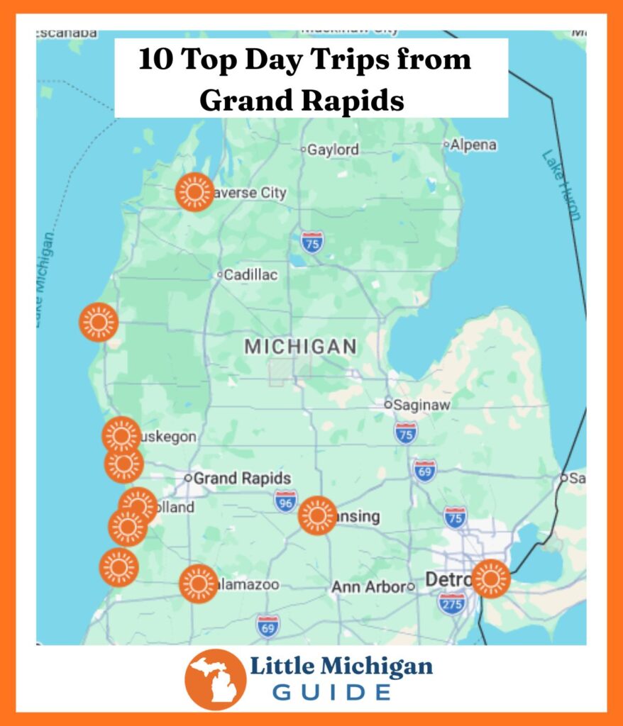 Map featuring popular Michigan getaway destinations from Grand Rapids