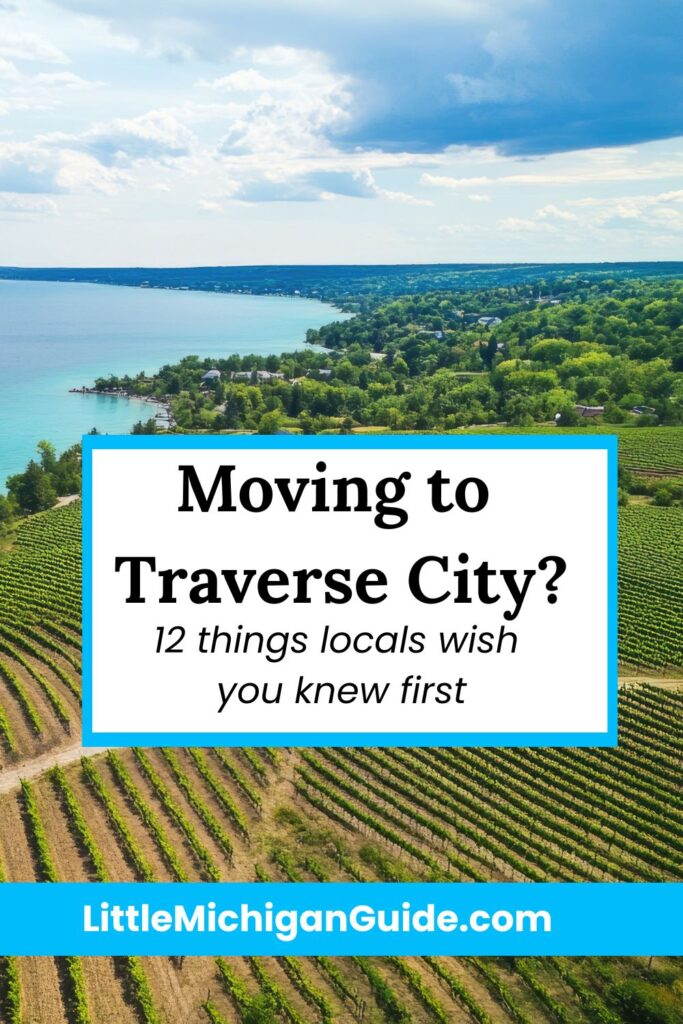 Aerial view of Old Mission Peninsula vineyards overlooking Grand Traverse Bay near Traverse City Michigan.