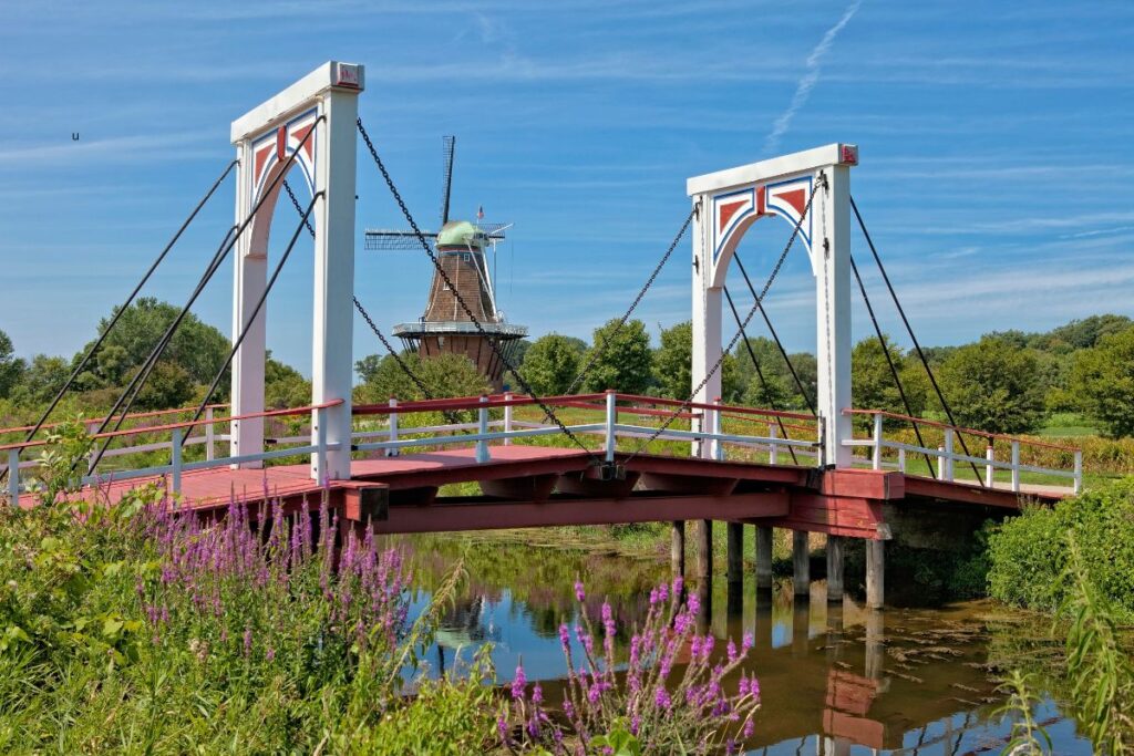 Windmill and bridge at Windmill Island Gardens in Holland, Michigan